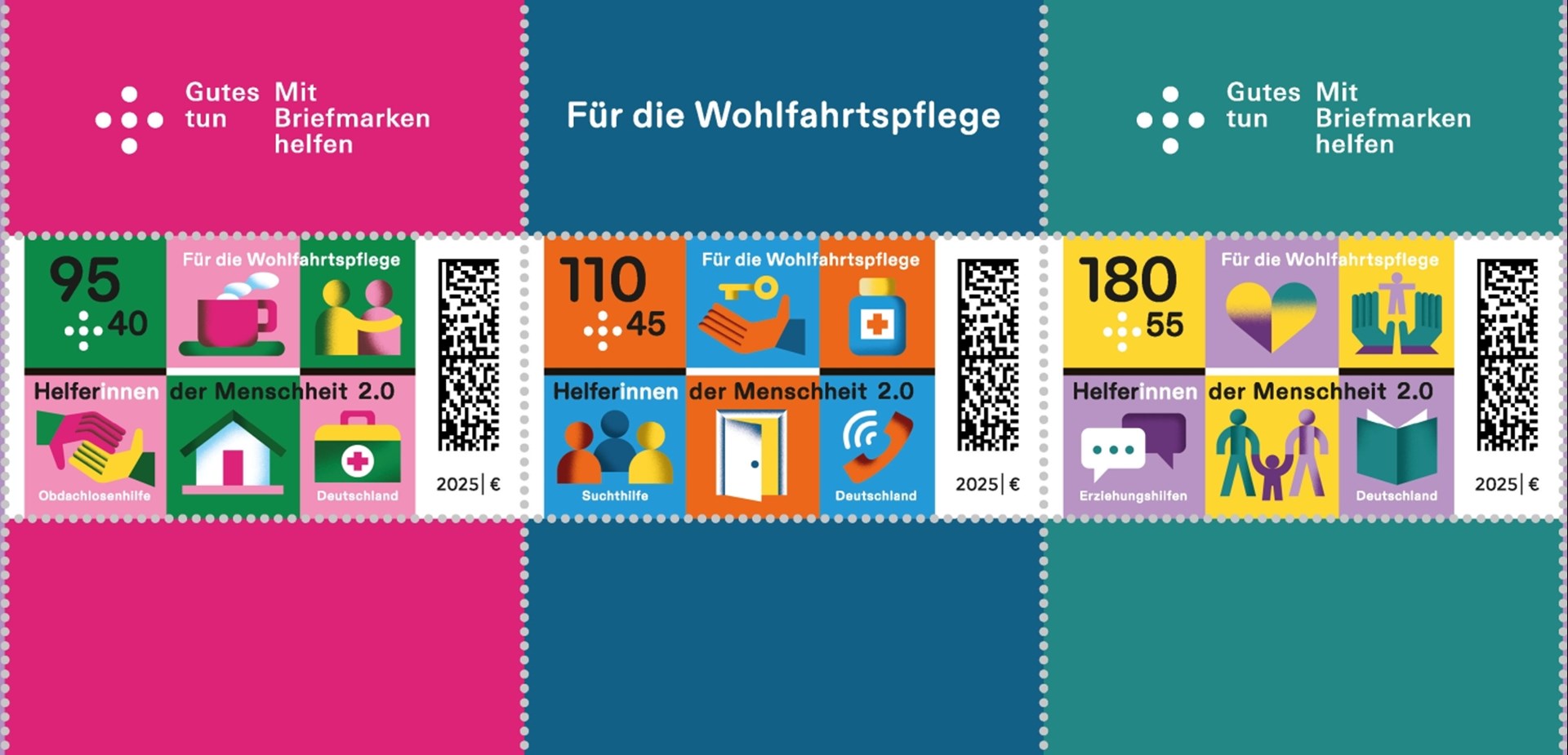 Wohlfahrtsmarken 2025. Die Marken tragen den Titel Helferinnen der Menschheit. Verschieden Symbole zeigen  Obdachlosenhilfe, Suchthilfe und Erziehungshilfe.